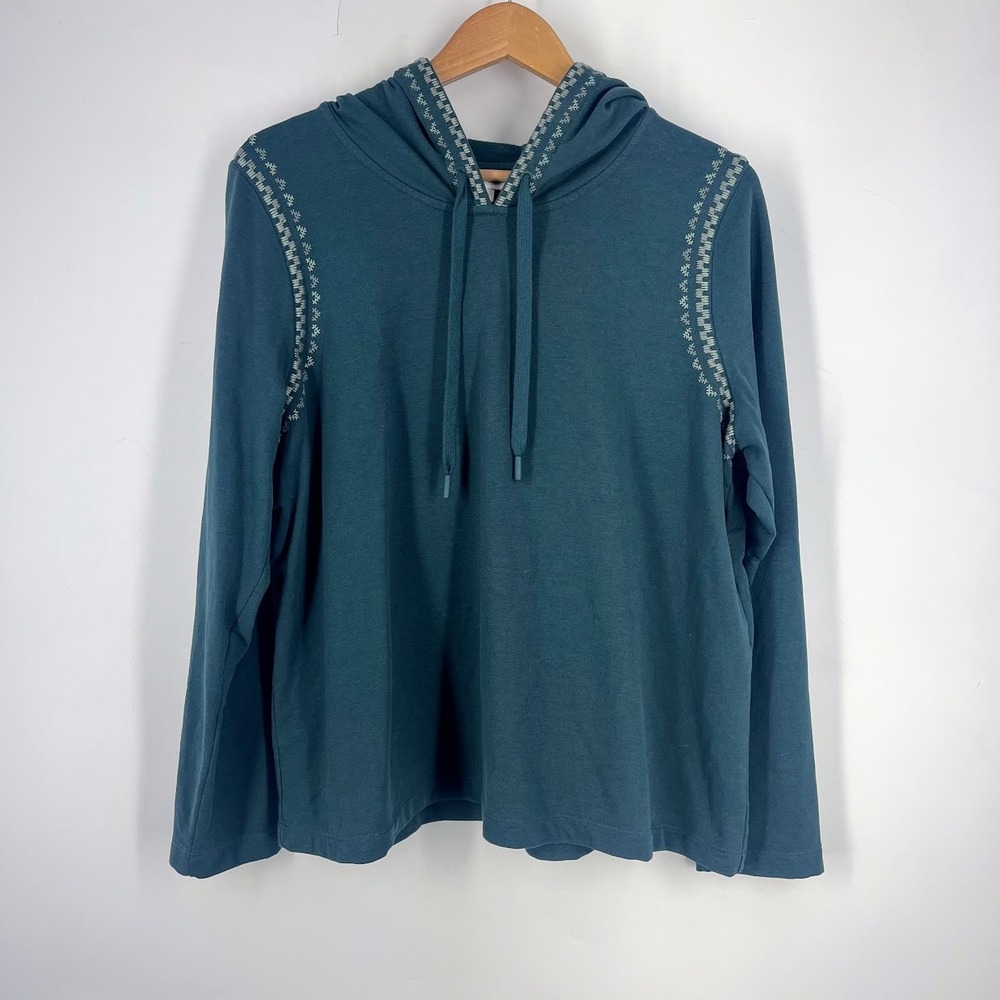 J. Jill Fit Womens Teal Green Embroidered Hooded Sweatshirt Size L Cotton Blend